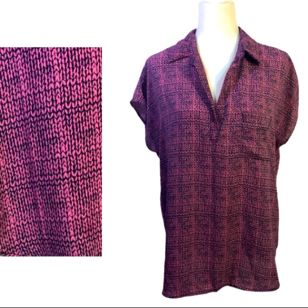 Anthropologie Pleione Purple Knitted Print V Neck Popover Blouse Size Large